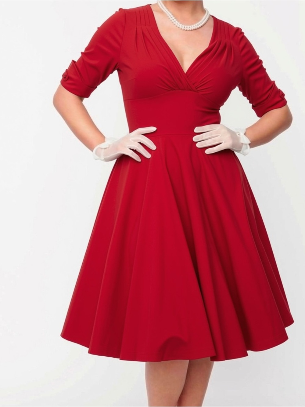 Unique Vintage Red V-Neck Fit-and-Flare Midi Dress